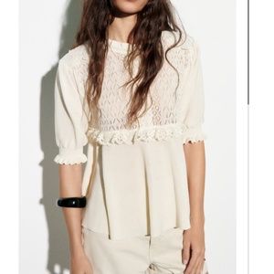 Zara ecru cream pointelle and lace knit top NWT